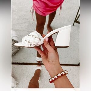 White Woven Block Heel Mules chunky